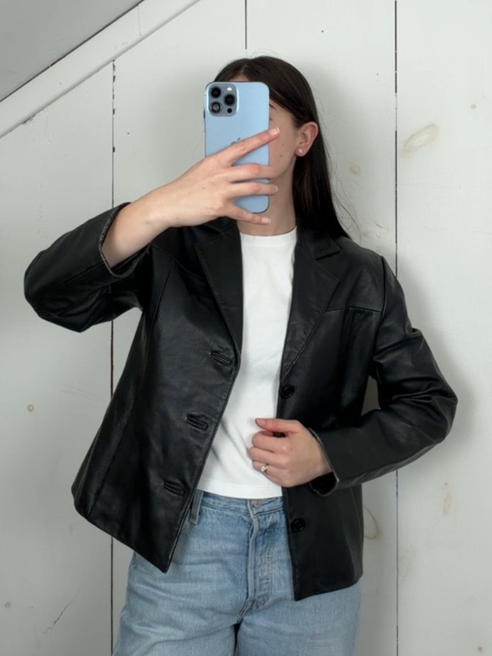 Vintage Tibor Black Leather Button Front Blazer Jacket Women’s Small Lightweight